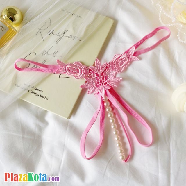 GS377 - Celana Dalam Wanita G-String Mutiara Seksi Crotchless Pink Brokat Bunga - Photo 1