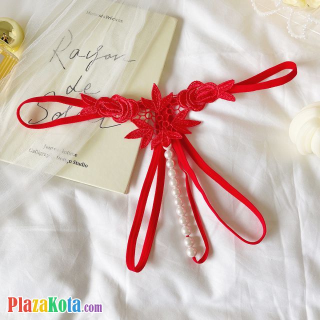 GS378 - Celana Dalam Wanita G-String Mutiara Seksi Crotchless Merah Brokat Bunga - Photo 1