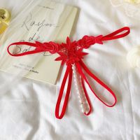 GS378 - Celana Dalam Wanita G-String Mutiara Seksi Crotchless Merah Brokat Bunga