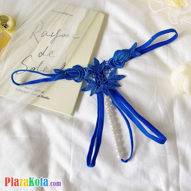GS379 - Celana Dalam Wanita G-String Mutiara Seksi Crotchless Biru Brokat Bunga - Photo 1