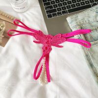 GS381 - Celana Dalam Wanita G-String Mutiara Seksi Crotchless Magenta Brokat Kupu-Kupu Tali 2
