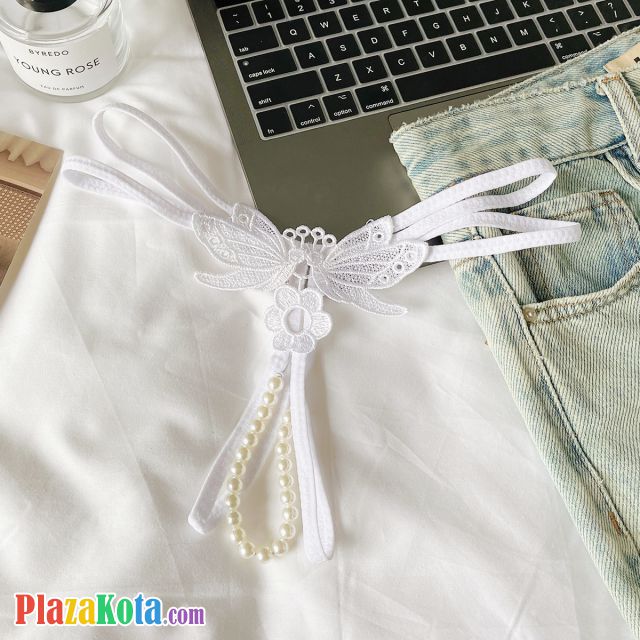 GS382 - Celana Dalam Wanita G-String Mutiara Seksi Crotchless Putih Brokat Kupu-Kupu Tali 2
