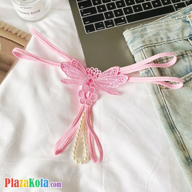 GS383 - Celana Dalam Wanita G-String Mutiara Seksi Crotchless Pink Brokat Kupu-Kupu Tali 2 - Photo 1