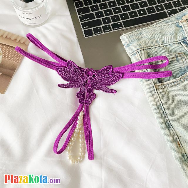 GS384 - Celana Dalam Wanita G-String Mutiara Seksi Crotchless Ungu Brokat Kupu-Kupu Tali 2 - Photo 1