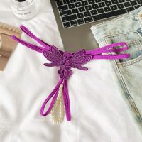 GS384 - Celana Dalam Wanita G-String Mutiara Seksi Crotchless Ungu Brokat Kupu-Kupu Tali 2
