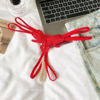 GS385 - Celana Dalam Wanita G-String Mutiara Seksi Crotchless Merah Brokat Kupu-Kupu Tali 2