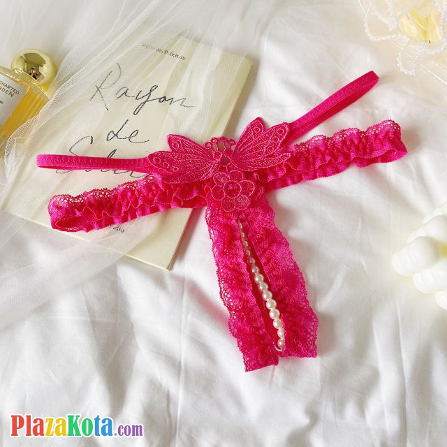 GS387 - Celana Dalam Wanita G-String Mutiara Seksi Crotchless Magenta Brokat Kupu-Kupu Karet Renda Tali 2 - Photo 1