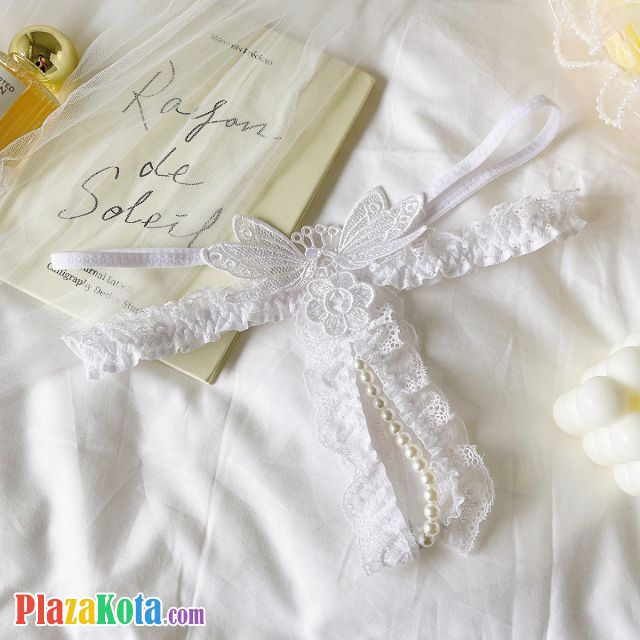 GS388 - Celana Dalam Wanita G-String Mutiara Seksi Crotchless Putih Brokat Kupu-Kupu Karet Renda Tali 2
