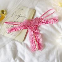 GS389 - Celana Dalam Wanita G-String Mutiara Seksi Crotchless Pink Brokat Kupu-Kupu Karet Renda Tali 2