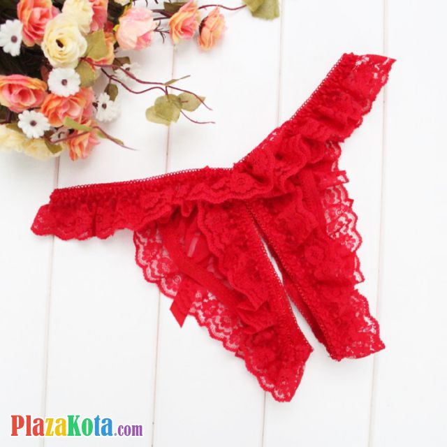 GS396 - Celana Dalam Wanita G-String Seksi Crotchless Merah Karet Renda - Photo 2