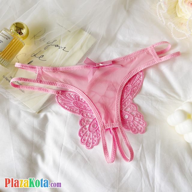 P653 - Celana Dalam Wanita Panties Thong Seksi Pink Crotchless Brokat Kupu-Kupu Tali 2 - Photo 1
