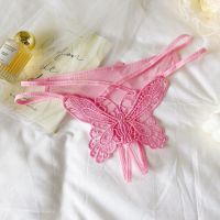P653 - Celana Dalam Wanita Panties Thong Seksi Pink Crotchless Brokat Kupu-Kupu Tali 2 - 2
