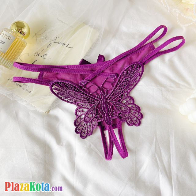 P654 - Celana Dalam Wanita Panties Thong Seksi Ungu Crotchless Brokat Kupu-Kupu Tali 2 - Photo 2