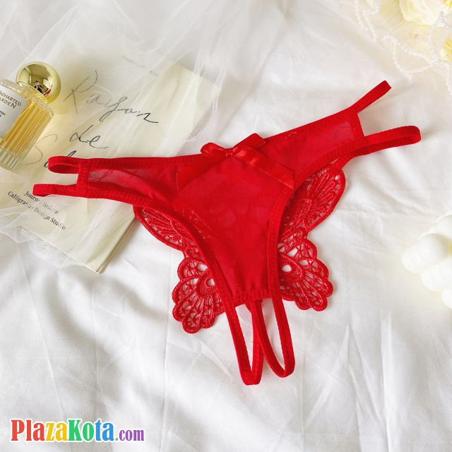 P655 - Celana Dalam Wanita Panties Thong Seksi Merah Crotchless Brokat Kupu-Kupu Tali 2 - Photo 1