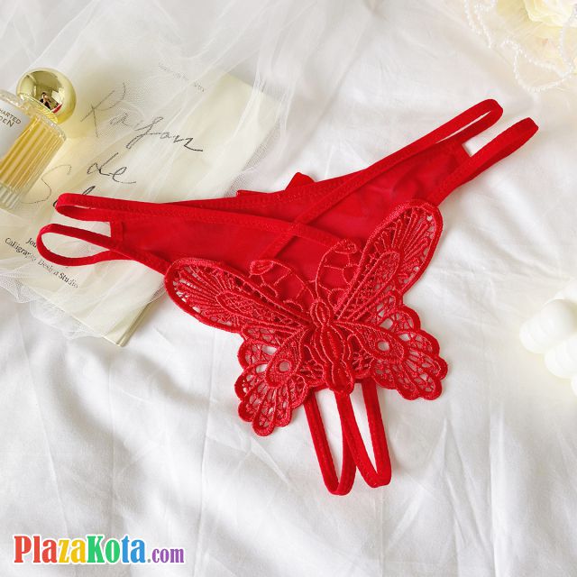 P655 - Celana Dalam Wanita Panties Thong Seksi Merah Crotchless Brokat Kupu-Kupu Tali 2 - Photo 2