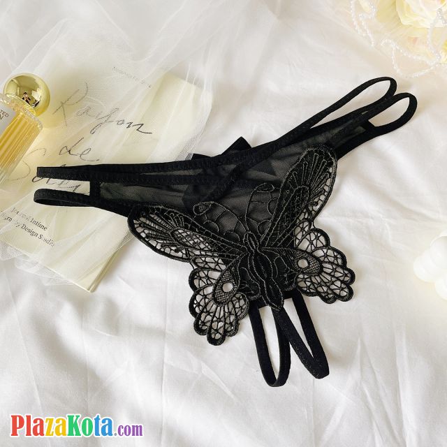 P656 - Celana Dalam Wanita Panties Thong Seksi Hitam Crotchless Brokat Kupu-Kupu Tali 2 - Photo 2