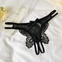 P656 - Celana Dalam Wanita Panties Thong Seksi Hitam Crotchless Brokat Kupu-Kupu Tali 2