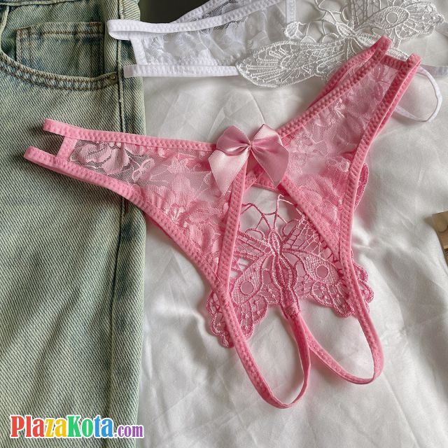 P663 - Celana Dalam Wanita Panties Thong Seksi Crotchless Magenta Brokat Kupu-Kupu Tali 2 - Photo 2