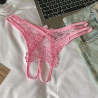 P665 - Celana Dalam Wanita Panties Thong Seksi Crotchless Pink Brokat Kupu-Kupu Tali 2