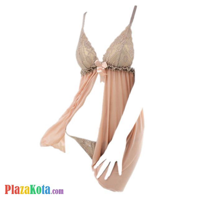 L0234 - Baju Tidur Dinas Malam Wanita Lingerie Babydoll Mini Dress Seksi Krem Transparan - Photo 1