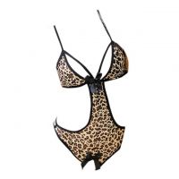 L0241 - Baju Tidur Dinas Malam Wanita Lingerie Teddy Bodysuit Seksi Halter Macan Tutul Coklat Crotchless