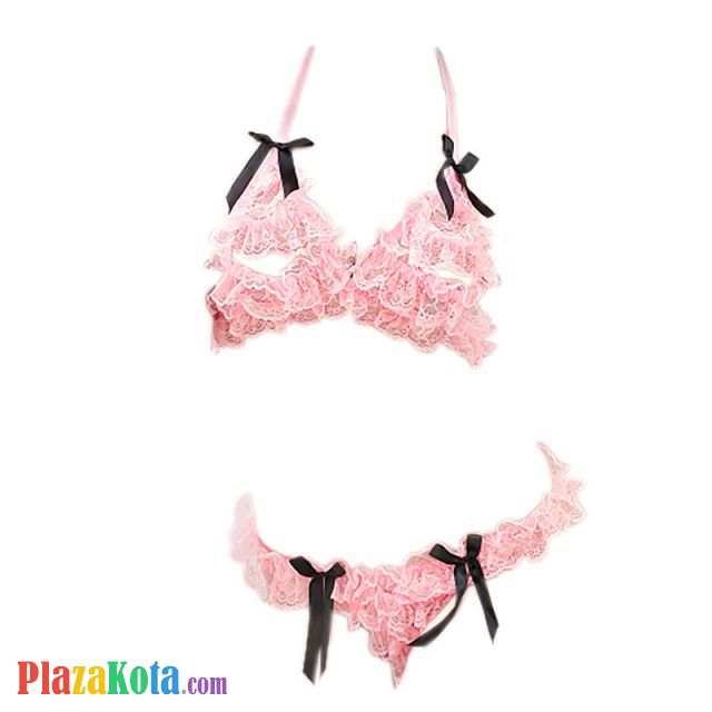 B049 - Pakaian Dalam Wanita Bra Set Bralette Seksi Halter Open Cup Pink Crotchless - Photo 1