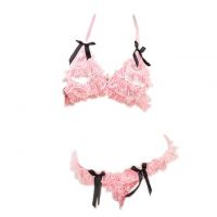 B049 - Pakaian Dalam Wanita Bra Set Bralette Seksi Halter Open Cup Pink Crotchless