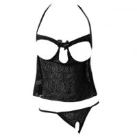 B051 - Pakaian Dalam Wanita Bra Set Bralette Seksi Cami Halter Open Cup Hitam Crotchless