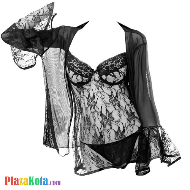 L0281 - Baju Tidur Dinas Malam Wanita Lingerie Kimono Jubah Seksi Hitam Transparan Lengan Panjang Baju Dalam Bra Kawat - Photo 1