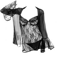 L0281 - Baju Tidur Dinas Malam Wanita Lingerie Kimono Jubah Seksi Hitam Transparan Lengan Panjang Baju Dalam Bra Kawat