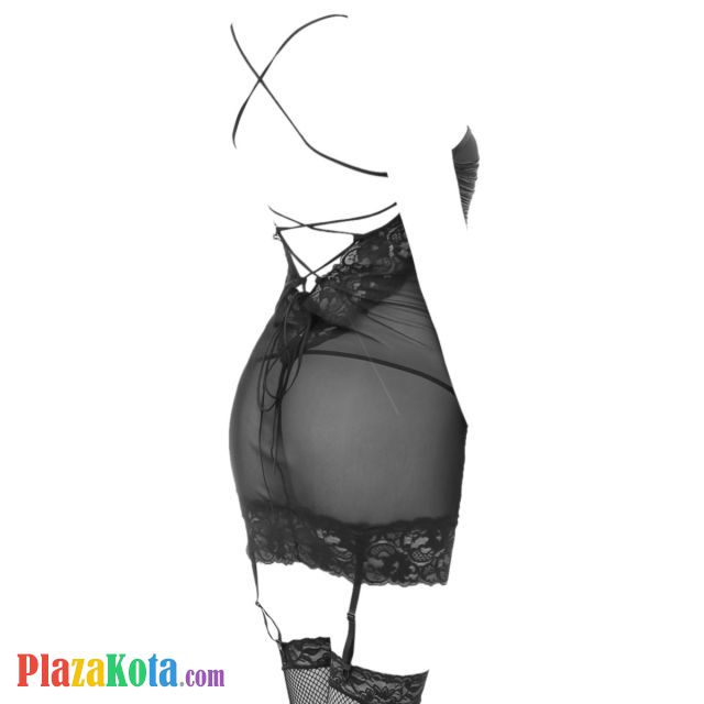 L0295 - Baju Tidur Dinas Malam Wanita Lingerie Set Stocking Seksi Tali Silang Hitam Rumbai Garter Strap - Photo 2