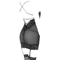 L0295 - Baju Tidur Dinas Malam Wanita Lingerie Set Stocking Seksi Tali Silang Hitam Rumbai Garter Strap - 2