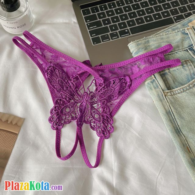 P666 - Celana Dalam Wanita Panties Thong Seksi Crotchless Ungu Brokat Kupu-Kupu Tali 2