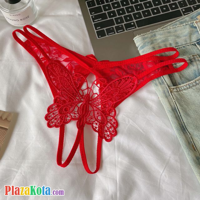 P667 - Celana Dalam Wanita Panties Thong Seksi Crotchless Merah Brokat Kupu-Kupu Tali 2 - Photo 1