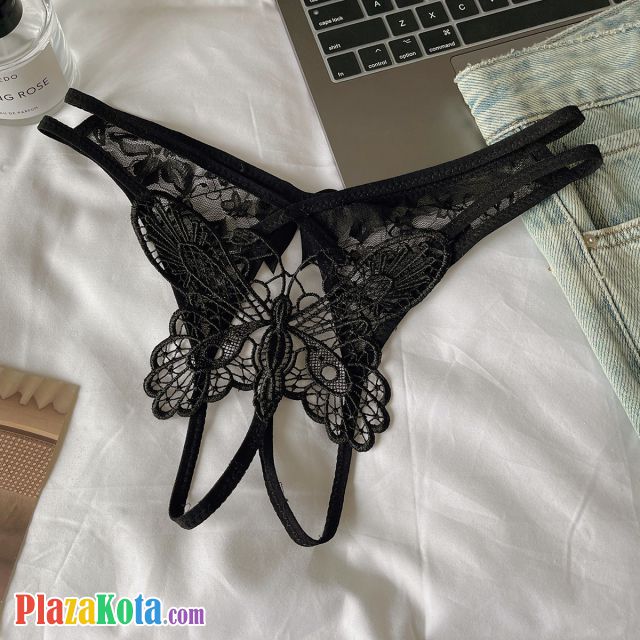 P668 - Celana Dalam Wanita Panties Thong Seksi Crotchless Hitam Brokat Kupu-Kupu Tali 2 - Photo 1