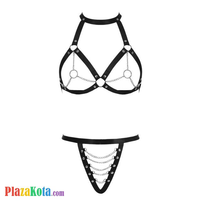 B375 - Pakaian Dalam Wanita Bra Set Bralette Seksi Halter Hitam Open Cup Crotchless Rantai Silver