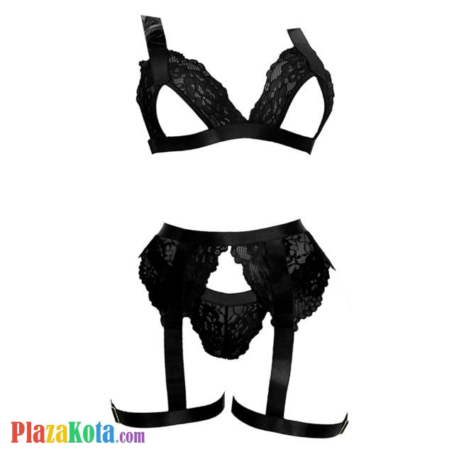 B376 - Pakaian Dalam Wanita Bra Set Bralette Seksi Hitam Open Cup Garter Belt Paha - Photo 1