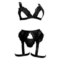 B376 - Pakaian Dalam Wanita Bra Set Bralette Seksi Hitam Open Cup Garter Belt Paha