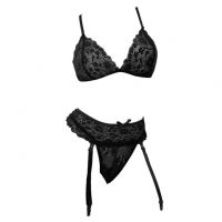 B378 - Pakaian Dalam Wanita Bra Set Bralette Seksi Hitam Garter Belt Stocking