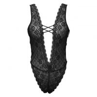 L1326 - Baju Tidur Dinas Malam Wanita Lingerie Teddy Bodysuit Seksi Hitam Transparan Belahan Dada Rendah