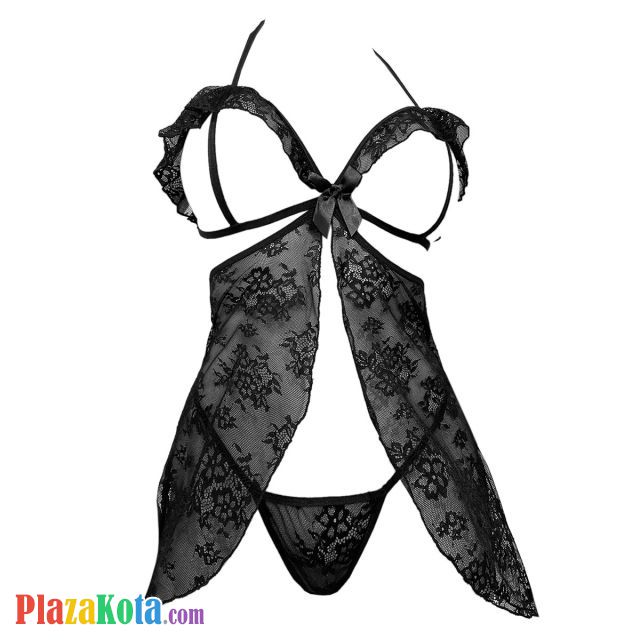 L1335 - Baju Tidur Dinas Malam Wanita Lingerie Babydoll Mini Dress Seksi Halter Hitam Transparan Open Cup Belah Depan - Photo 1