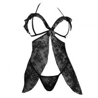 L1335 - Baju Tidur Dinas Malam Wanita Lingerie Babydoll Mini Dress Seksi Halter Hitam Transparan Open Cup Belah Depan