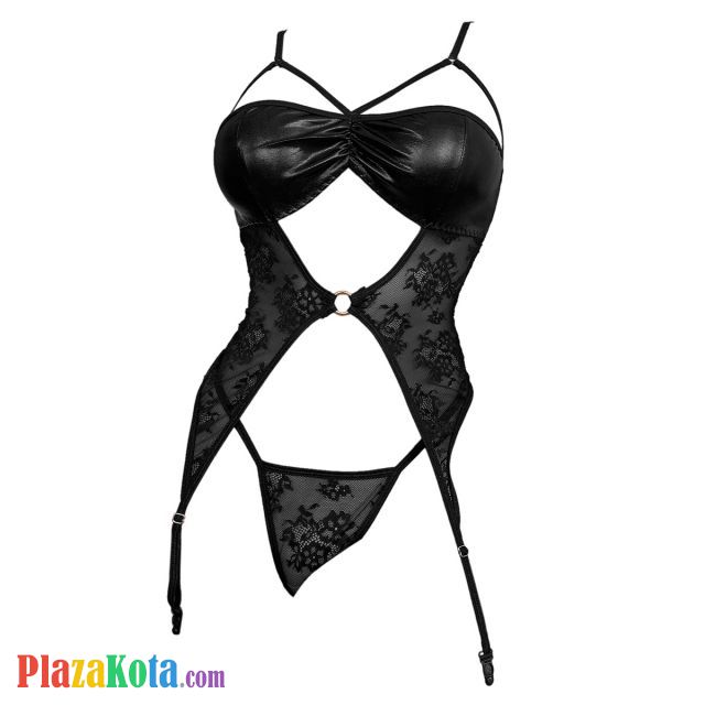 L1336 - Baju Tidur Dinas Malam Wanita Lingerie Set Stocking Seksi Hitam Transparan Garter Strap