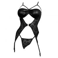 L1336 - Baju Tidur Dinas Malam Wanita Lingerie Set Stocking Seksi Hitam Transparan Garter Strap