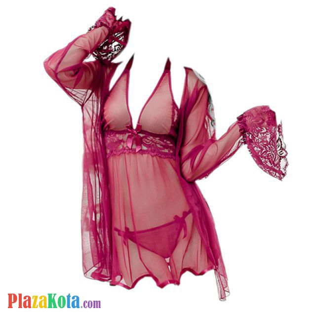 L0357 - Baju Tidur Dinas Malam Wanita Lingerie Kimono Jubah Seksi Halter Marun Transparan Lengan Panjang Baju Dalam - Photo 1