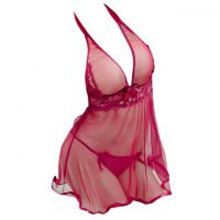 L0357 - Baju Tidur Dinas Malam Wanita Lingerie Kimono Jubah Seksi Halter Marun Transparan Lengan Panjang Baju Dalam - Thumbnail 2