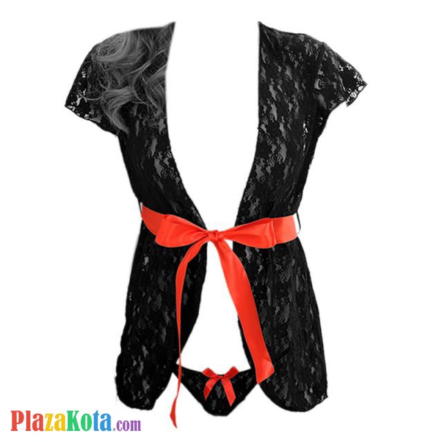 L0394 - Baju Tidur Dinas Malam Wanita Lingerie Kimono Jubah Seksi Hitam Transparan Ikat Pinggang - Photo 1