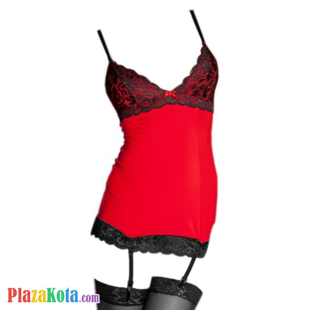 L0396 - Baju Tidur Dinas Malam Wanita Lingerie Set Stocking Seksi Merah Garter Strap - Photo 1